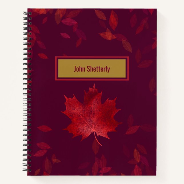Elegant Burgundy Red and Gold Autumn Leaves Notebook (Front)