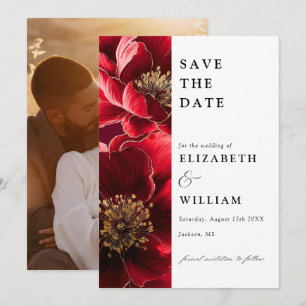 Elegant Burgundy Red And Gold Floral Photo Wedding Save The Date