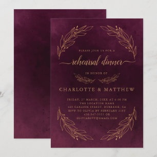 Elegant Burgundy Red And Gold  Rehearsal Dinner Invitation