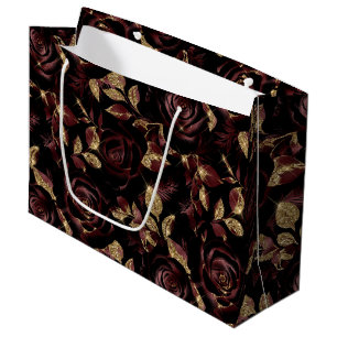 Elegant Burgundy Red and Gold Rose Floral Pattern Large Gift Bag
