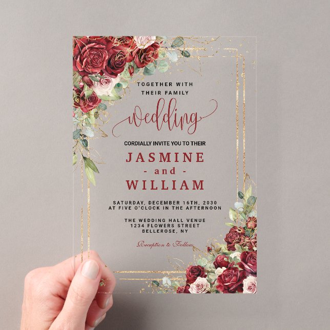 Elegant Burgundy Red Blush Gold Geometric wedding Acrylic Invitations (Insitu (Handheld))