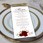 Elegant Burgundy Red & Blush Pink Roses Wedding Menu<br><div class="desc">This beautiful menu will add some style to your wedding reception. It features a beautiful boho chic floral design with a cluster of hand painted watercolor roses in shades of burgundy, red, and blush pink, along with sprigs of eucalyptus leaves and garden greenery. There is space for the names of...</div>