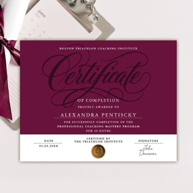 Elegant Burgundy Red Certificate Of Completion Poster (Creator Uploaded)