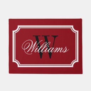 Elegant burgundy red family name monogram door mat