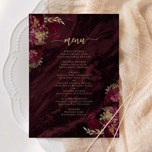 Elegant Burgundy Red Gold Floral Wedding Menu (Creator Uploaded)