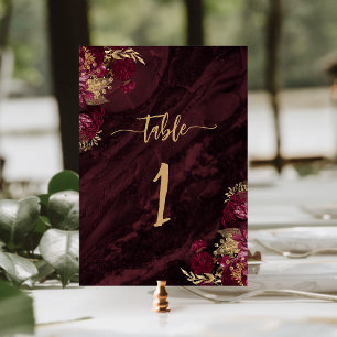 Elegant Burgundy Red Gold Floral Wedding Table Number