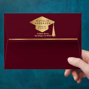 Elegant Burgundy Red Gold Graduate Hat Graduation Envelope