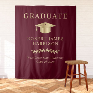 Elegant Burgundy Red Gold Graduation Party Welcome Tapestry