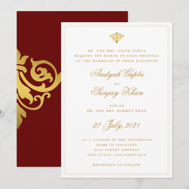 Elegant Burgundy Red Gold Indian Wedding Invitation (Front/Back)