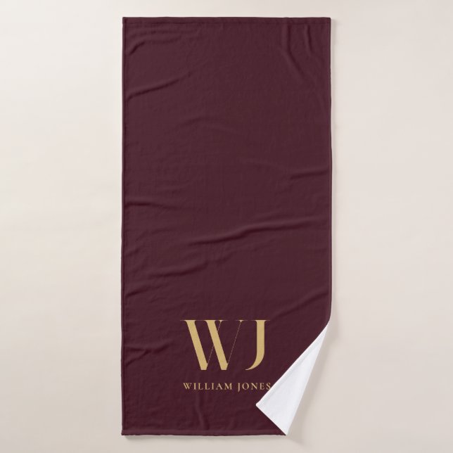 Elegant Burgundy Red Gold Minimalist Monogram Bath Towel Set (Bath Towel)