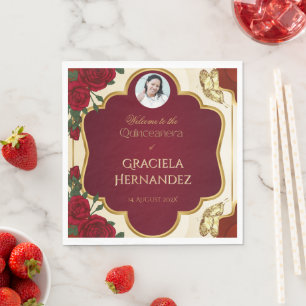 Elegant Burgundy Red & Gold Rose Quinceañera  Napkin