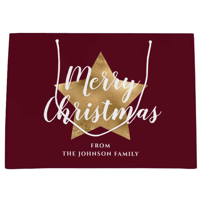 Elegant Burgundy Red Gold Star Christmas Large Gift Bag (Front)