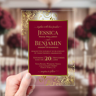 Elegant Burgundy Red & Gold Stylish Text Wedding Acrylic Invitations