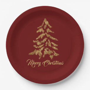 Elegant Burgundy Red Golden Tree Merry Christmas  Paper Plate