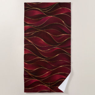 Elegant Burgundy Red Marble Waves with Gold Accent Beach Towel