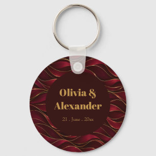 Elegant Burgundy Red Marble Waves with Gold Accent Keychain