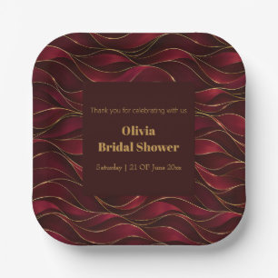 Elegant Burgundy Red Marble Waves with Gold Accent Paper Plate