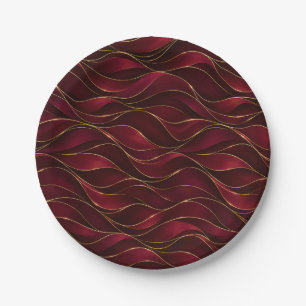 Elegant Burgundy Red Marble Waves with Gold Accent Paper Plate