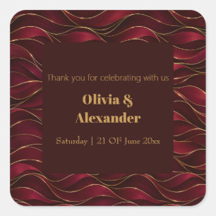 Elegant Burgundy Red Marble Waves with Gold Accent Square Sticker