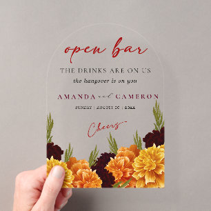 Elegant Burgundy Red  "MARIGOLD" Wedding Open Bar Acrylic Invitations