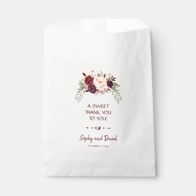 Elegant Burgundy Red Marsala Floral THANK YOU Favour Bag (Front)