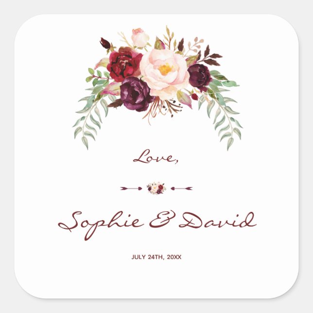 Elegant Burgundy Red Marsala Floral Wedding Square Sticker (Front)