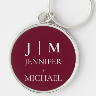 Elegant Burgundy Red Monogram Wedding Keychain