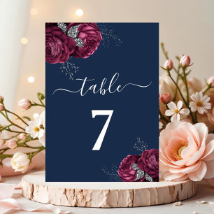 Elegant Burgundy Red Navy Blue Floral Peonies Table Number