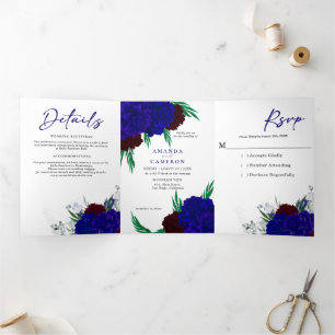 Elegant Burgundy Red Navy Blue "MARIGOLD" Wedding Tri-Fold Announcement