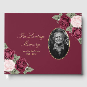 Elegant Burgundy Red Pink Floral Funeral Photo Guest Book