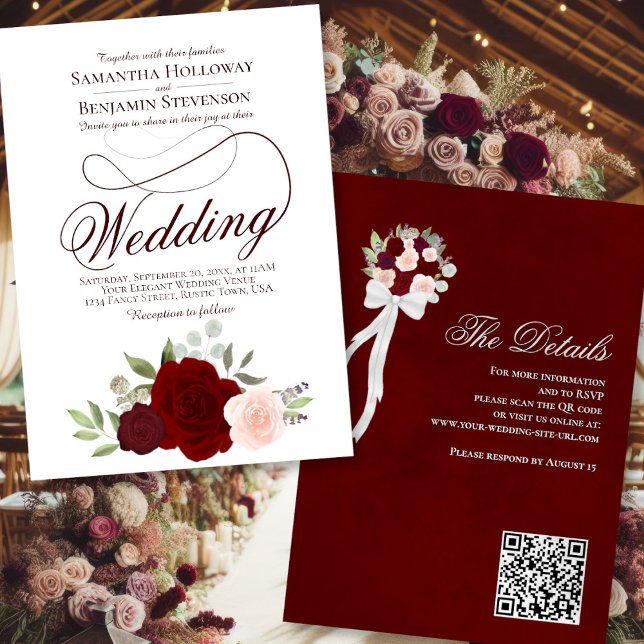 Elegant Burgundy Red & Pink Floral QR Code Wedding Invitation (Front/Back)