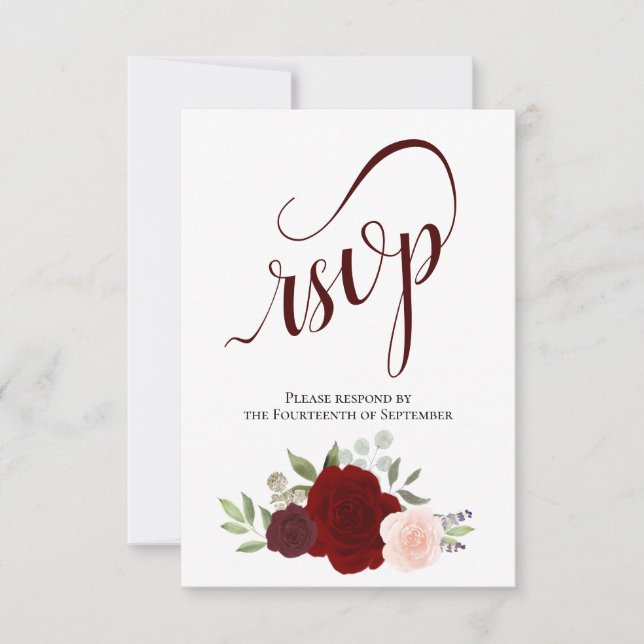 Elegant Burgundy Red & Pink Roses Bouquet Wedding RSVP Card (Front)