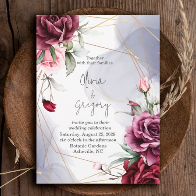 Elegant Burgundy Red Roses Watercolor  Invitation (#Romance #redroses #weddinginvitation #FloralRomance #romanticburgundy #Blush #elegantinvitation)