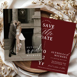 Elegant Burgundy Red Simple Modern Photo Wedding Save The Date