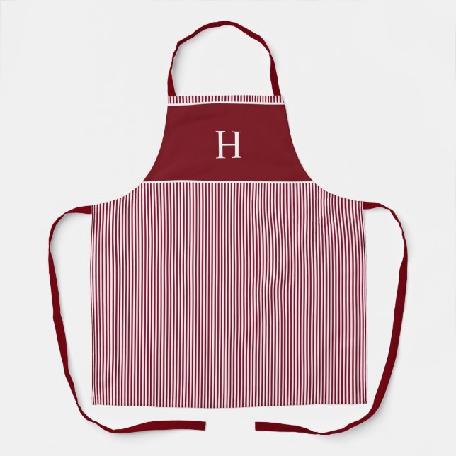 Elegant Burgundy Red Stripe Modern Monogram Apron (Front)