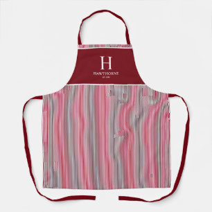 Elegant Burgundy Red Stripe Monogram Name Apron