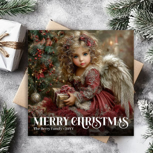 Elegant Burgundy Red Victorian Angel Christmas Car Holiday Card
