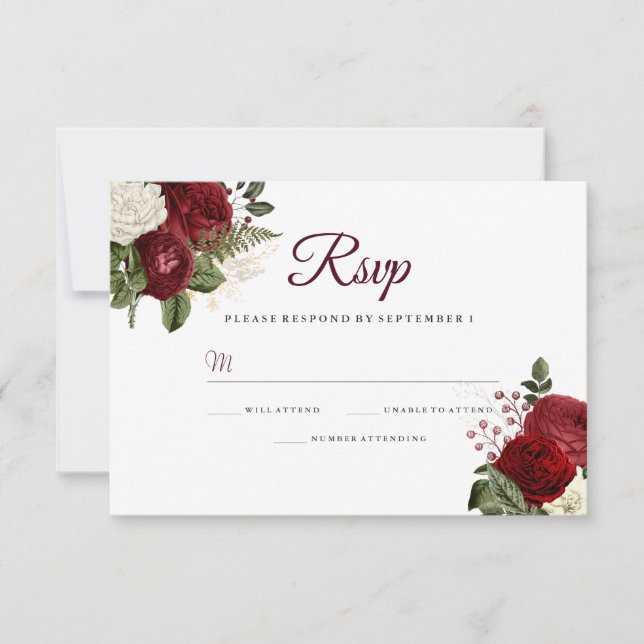 Elegant Burgundy Red White Floral Wedding RSVP (Front)