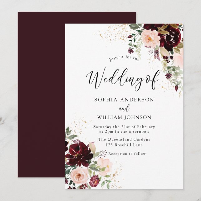 Elegant Burgundy Red Wine & Blush Floral Wedding Invitation (Front/Back)