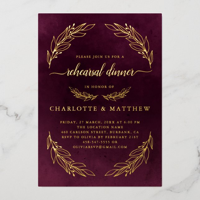 Elegant Burgundy Rehearsal Dinner Gold (Front)