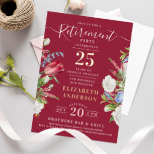 Élégant Burgundy Retraite Floral Foil Invitation
