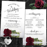 Elegant Burgundy Rose Budget Wedding Program<br><div class="desc">These wedding programs are elegant and tasteful, while still being budget friendly. The design features a single long-stemmed burgundy, maroon, or wine red coloured rose lying on its side, reflecting in a pool of water with waves and ripples. The typography features lacy black script calligraphy, and there is room for...</div>