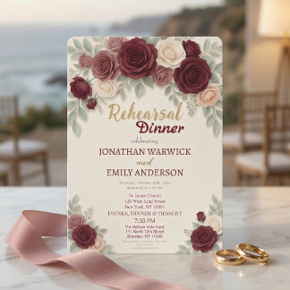 Elegant Burgundy Rose Chic Rehearsal Dinner Invitation