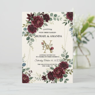 Elegant Burgundy Rose Floral Botanical Wedding Invitation