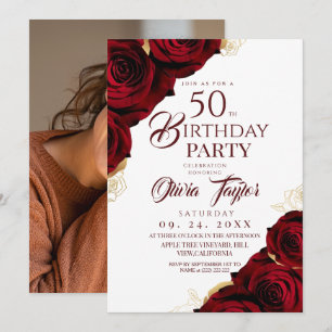  Elegant Burgundy Rose Gold Floral  50th Birthday  Invitation