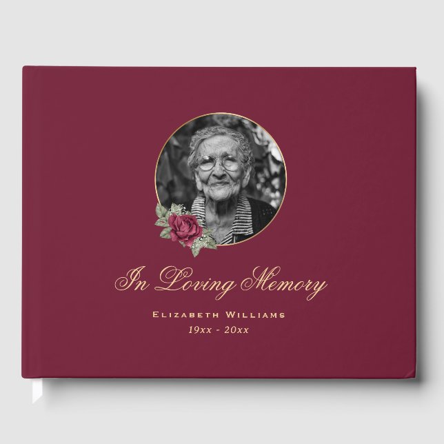 Elegant Burgundy Rose Gold Floral Funeral Photo Guest Book (Front)