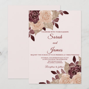 Elegant Burgundy Rose Gold Glitter Floral Wedding Invitation