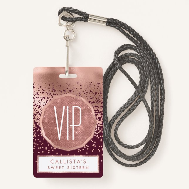 Elegant Burgundy Rose Gold Polka Dot Gradient Badge (Front with Lanyard)