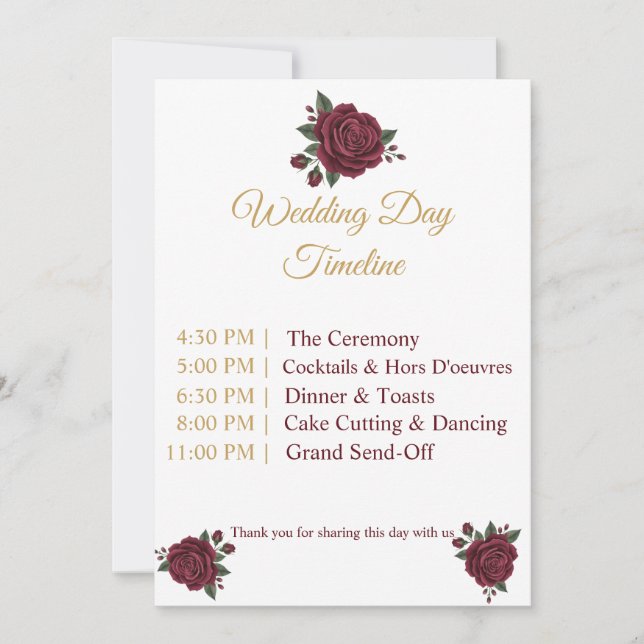 Elegant Burgundy Rose & Gold Wedding Day Timeline  (Front)