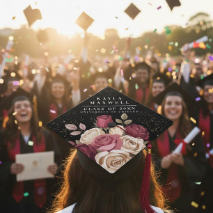 Elegant Burgundy Rose Graduation Name Class Year Cap Topper